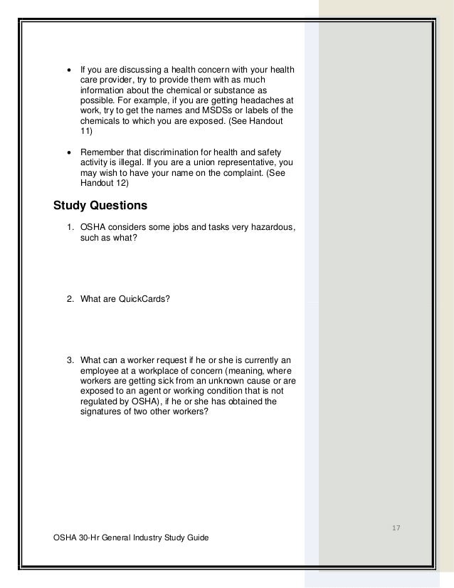 osha 30 hour general industry outreach training osha 10 hour test cheat sheet