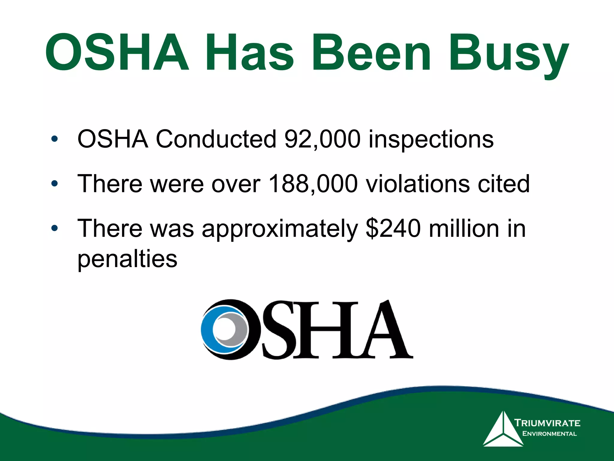 OSHA Has Been Busy
• OSHA Conducted 92,000 inspections
• There were over 188,000 violations cited
• There was approximately $240 million in
penalties
 