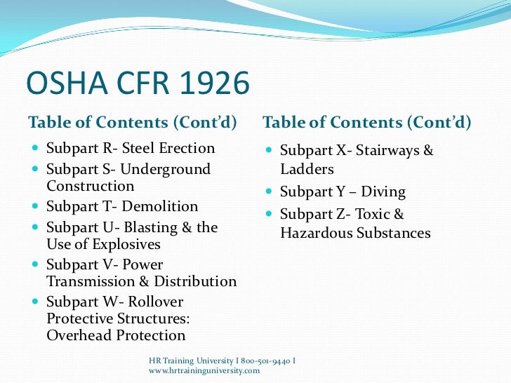 http://www.hrtraininguniversity.com/OSHA_CFR_29_1926_1910.php