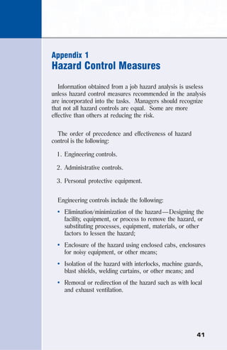 41
Appendix 1
Hazard Control Measures
Information obtained from a job hazard analysis is useless
unless hazard control measures recommended in the analysis
are incorporated into the tasks. Managers should recognize
that not all hazard controls are equal. Some are more
effective than others at reducing the risk.
The order of precedence and effectiveness of hazard
control is the following:
1. Engineering controls.
2. Administrative controls.
3. Personal protective equipment.
Engineering controls include the following:
• Elimination/minimization of the hazard—Designing the
facility, equipment, or process to remove the hazard, or
substituting processes, equipment, materials, or other
factors to lessen the hazard;
• Enclosure of the hazard using enclosed cabs, enclosures
for noisy equipment, or other means;
• Isolation of the hazard with interlocks, machine guards,
blast shields, welding curtains, or other means; and
• Removal or redirection of the hazard such as with local
and exhaust ventilation.
 