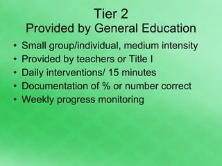 Tier 2 Provided by General Education Small group/individual, medium intensity Provided by teachers or Title I Daily interventions/ 15 minutes Documentation of % or number correct Weekly progress monitoring 