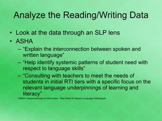 Analyze the Reading/Writing Data Look at the data through an SLP lens ASHA “ Explain the interconnection between spoken and written language” “ Help identify systemic patterns of student need with respect to language skills” “ Consulting with teachers to meet the needs of students in initial RTI tiers with a specific focus on the relevant language underpinnings of learning and literacy” *ASHA’s Responsiveness to Intervention:  New Roles for Speech-Language Pathologists 