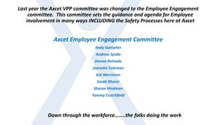 Down through the workforce……..the folks doing the work
Axcet Employee Engagement Committee
Andy Gampher
Andrew Spidle
Donna Patnode
Jeanette Coleman
Kat Merriman
Sarah Rhorer
Sharon Hindman
Tammy Crutchfield
Last year the Axcet VPP committee was changed to the Employee Engagement
committee. This committee sets the guidance and agenda for Employee
involvement in many ways INCLUDING the Safety Processes here at Axcet
 