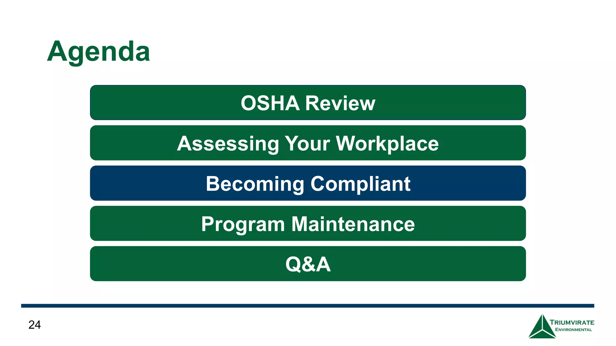 Agenda
24
OSHA Review
Assessing Your Workplace
Becoming Compliant
Program Maintenance
Q&A
 