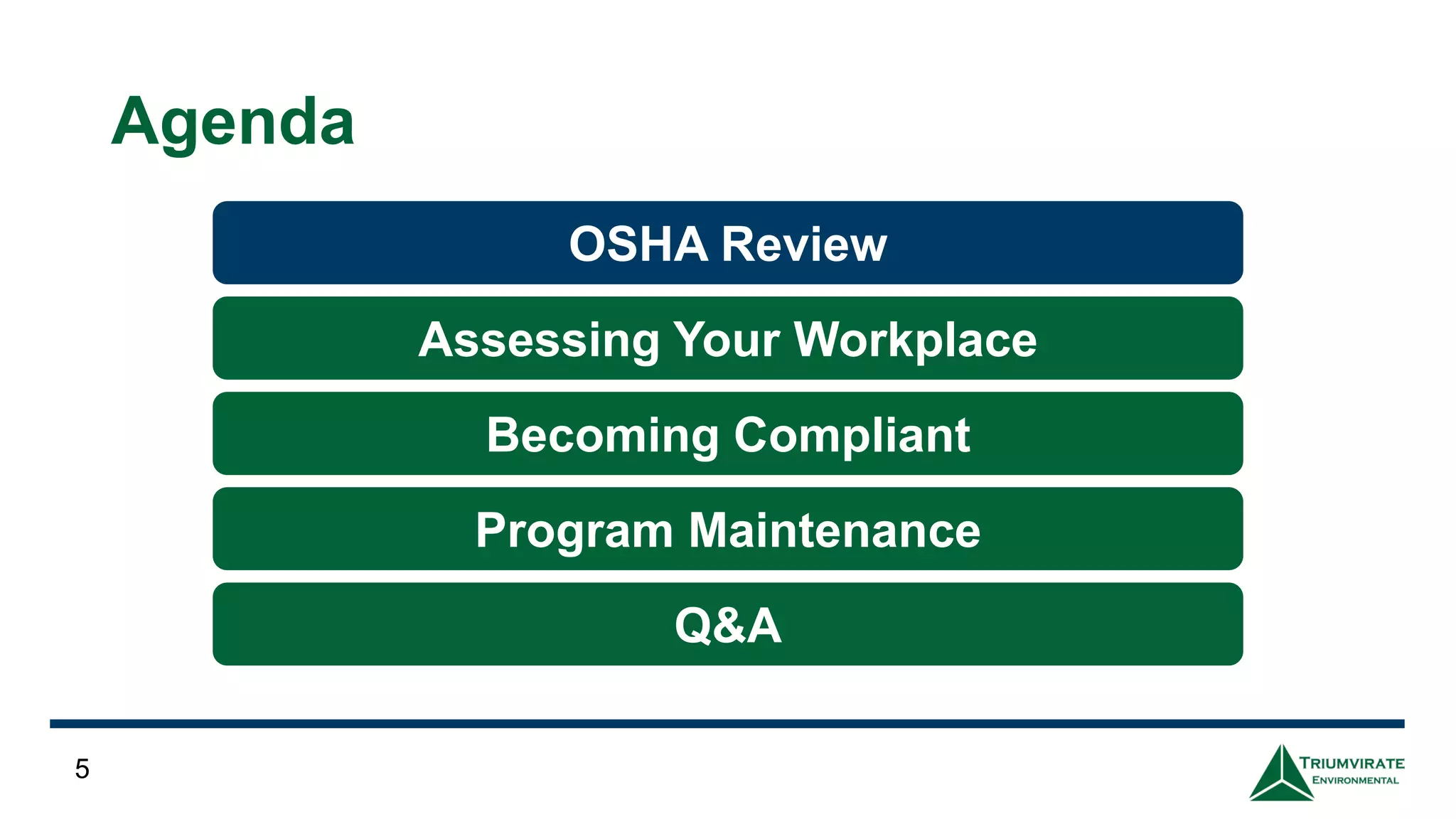 Agenda
5
OSHA Review
Assessing Your Workplace
Becoming Compliant
Program Maintenance
Q&A
 