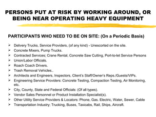 PARTICIPANTS WHO NEED TO BE ON SITE: (On a Periodic Basis)
 Delivery Trucks, Service Providers, (of any kind) - Unescorted on the site.
 Concrete Mixers, Pump Trucks.
 Contracted Services; Crane Rental, Concrete Saw Cutting, Port-to-let Service Persons
 Union/Labor Officials.
 Roach Coach Drivers.
 Trash Removal Vehicles..
 Architects and Engineers, Inspectors, Client’s Staff/Owner’s Reps./Guests/VIPs.
 Engineering Service Providers: Concrete Testing, Compaction Testing, Air Monitoring,
etc.
 City, County, State and Federal Officials: (Of all types).
 Vendor Sales Personnel or Product Installation Specialist(s).
 Other Utility Service Providers & Locators: Phone, Gas. Electric, Water, Sewer, Cable
 Transportation Industry; Trucking, Buses, Taxicabs, Rail, Ships, Aircraft.
PERSONS PUT AT RISK BY WORKING AROUND, OR
BEING NEAR OPERATING HEAVY EQUIPMENT
 