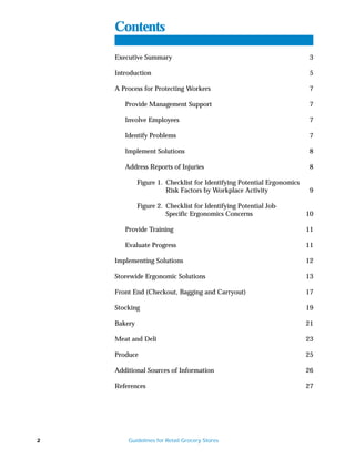 Contents

    Executive Summary                                                   3

    Introduction                                                        5

    A Process for Protecting Workers                                    7

       Provide Management Support                                       7

       Involve Employees                                                7

       Identify Problems                                                7

       Implement Solutions                                              8

       Address Reports of Injuries                                      8

             Figure 1. Checklist for Identifying Potential Ergonomics
                       Risk Factors by Workplace Activity               9

             Figure 2. Checklist for Identifying Potential Job-
                       Specific Ergonomics Concerns                     10

       Provide Training                                                 11

       Evaluate Progress                                                11

    Implementing Solutions                                              12

    Storewide Ergonomic Solutions                                       13

    Front End (Checkout, Bagging and Carryout)                          17

    Stocking                                                            19

    Bakery                                                              21

    Meat and Deli                                                       23

    Produce                                                             25

    Additional Sources of Information                                   26

    References                                                          27




2       Guidelines for Retail Grocery Stores
 