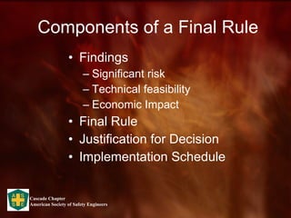 Components of a Final Rule Findings  Significant risk Technical feasibility Economic Impact Final Rule Justification for Decision Implementation Schedule 