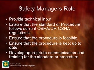 Safety Managers Role Provide technical input Ensure that the standard or Procedure follows current OSHA/OR-OSHA regulations Ensure that the procedure is feasible Ensure that the procedure is kept up to date Develop appropriate communication and training for the standard or procedure 