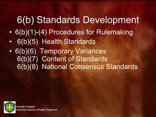 6(b) Standards Development 6(b)(1)-(4) Procedures for Rulemaking 6(b)(5)  Health Standards 6(b)(6)  Temporary Variances  6(b)(7)  Content of Standards  6(b)(8)  National Consensus Standards 