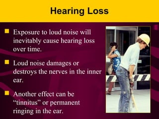 Hearing Loss
 Exposure to loud noise will
inevitably cause hearing loss
over time.
 Loud noise damages or
destroys the nerves in the inner
ear.
 Another effect can be
“tinnitus” or permanent
ringing in the ear.
 