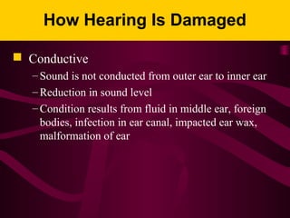 How Hearing Is Damaged
 Conductive
– Sound is not conducted from outer ear to inner ear
– Reduction in sound level
– Condition results from fluid in middle ear, foreign
bodies, infection in ear canal, impacted ear wax,
malformation of ear
 