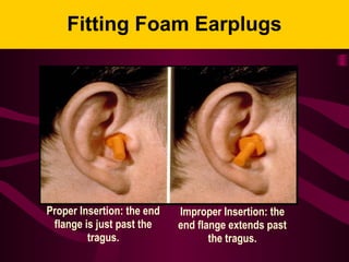 Fitting Foam Earplugs
Proper Insertion: the end
flange is just past the
tragus.
Improper Insertion: the
end flange extends past
the tragus.
 