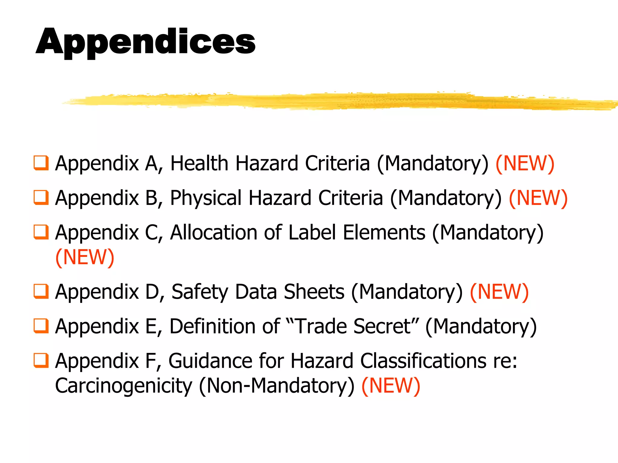 Appendices


 Appendix A, Health Hazard Criteria (Mandatory) (NEW)
 Appendix B, Physical Hazard Criteria (Mandatory) (NEW)
 Appendix C, Allocation of Label Elements (Mandatory)
  (NEW)
 Appendix D, Safety Data Sheets (Mandatory) (NEW)
 Appendix E, Definition of ―Trade Secret‖ (Mandatory)
 Appendix F, Guidance for Hazard Classifications re:
  Carcinogenicity (Non-Mandatory) (NEW)
 