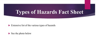  Extensive list of the various types of hazards
 See the photo below
Types of Hazards Fact Sheet
 