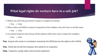What legal rights do workers have to a safe job?
4. Workers can call in the government to inspect a workplace for hazards.
□ True □ False
5. When workers call OSHA to request an inspection of the workplace, they don’t have to tell their name.
□ True □ False
6. Government inspectors must always tell the employer before they come to inspect the workplace.
□ True □ False
True. Anyone who works in a workplace covered by the OSHA law has the right to call in OSHA.
True. OSHA will not tell the employer who asked for an inspection
False. Inspectors usually make unannounced inspections
 