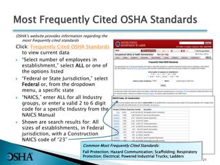 Most Frequently Cited OSHA Standards
21
OSHA’s website provides information regarding the
most frequently cited standards
Click: Frequently Cited OSHA Standards
to view current data
 “Select number of employees in
establishment,” select ALL or one of
the options listed
 “Federal or State Jurisdiction,” select
Federal or, from the dropdown
menu, a specific state
 “NAICS,” enter ALL for all Industry
groups, or enter a valid 2 to 6 digit
code for a specific Industry from the
NAICS Manual
 Shown are search results for: All
sizes of establishments, in Federal
jurisdiction, with a Construction
NAICS code of “23”
Common Most Frequently Cited Standards:
Fall Protection; Hazard Communication; Scaffolding; Respiratory
Protection; Electrical; Powered Industrial Trucks; Ladders
 