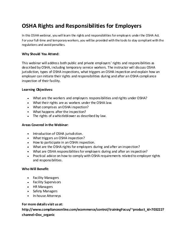 Osha rights and responsibilities for employers