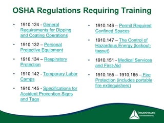 OSHA Regulations Requiring Training
• 1910.124 - General
Requirements for Dipping
and Coating Operations
• 1910.132 – Personal
Protective Equipment
• 1910.134 – Respiratory
Protection
• 1910.142 - Temporary Labor
Camps
• 1910.145 - Specifications for
Accident Prevention Signs
and Tags
• 1910.146 – Permit Required
Confined Spaces
• 1910.147 – The Control of
Hazardous Energy (lockout-
tagout)
• 1910.151 - Medical Services
and First-Aid
• 1910.155 – 1910.165 – Fire
Protection (includes portable
fire extinguishers)
 