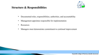 Structure & Responsibilities
•

Documented roles, responsibilities, authorities, and accountability

•

Management appointee responsible for implementation

•

Resources

•

Managers must demonstrate commitment to continual improvement

Krupanidhi college of Pharmacy (Quality Assurance)

 