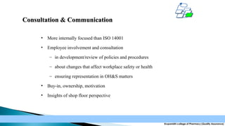 Consultation & Communication
•

More internally focused than ISO 14001

•

Employee involvement and consultation
– in development/review of policies and procedures
– about changes that affect workplace safety or health
– ensuring representation in OH&S matters

•

Buy-in, ownership, motivation

•

Insights of shop floor perspective

Krupanidhi college of Pharmacy (Quality Assurance)

 