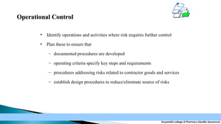 Operational Control
•

Identify operations and activities where risk requires further control

•

Plan these to ensure that
– documented procedures are developed
– operating criteria specify key steps and requirements
– procedures addressing risks related to contractor goods and services
– establish design procedures to reduce/eliminate source of risks

Krupanidhi college of Pharmacy (Quality Assurance)

 