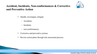 Accident, Incidents, Non-conformances & Corrective
and Preventive Action
•

Handle, investigate, mitigate
– Accidents.
– Incidents.
– non-conformances.

•

Corrective and preventive actions.

•

Review action plans through risk assessment process.

Krupanidhi college of Pharmacy (Quality Assurance)

 