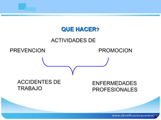 6 QUE HACER ? ACTIVIDADES DE  PREVENCION PROMOCION ACCIDENTES DE TRABAJO ENFERMEDADES PROFESIONALES 