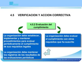 4.5  VERIFICACION Y ACCION CORRECTIVA 4.5.2 Evaluación del cumplimiento La organización debe evaluar el cumplimiento con otros requisitos que ha suscrito La organización debe establecer, implementar y mantener procedimientos para evaluar periódicamente el cumplimiento de sus requisitos legales La organización debe mantener los registros de los resultados de las evaluaciones periódicas 