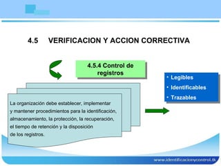 4.5  VERIFICACION Y ACCION CORRECTIVA 4.5.4 Control de registros Legibles Identificables Trazables  La organización debe establecer, implementar y mantener procedimientos para la identificación, almacenamiento, la protección, la recuperación, el tiempo de retención y la disposición de los registros. 