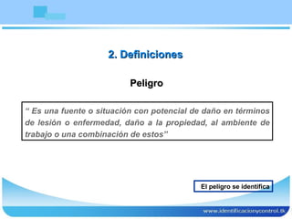 Peligro “  Es una fuente o situación con potencial de daño en términos de lesión o enfermedad, daño a la propiedad, al ambiente de trabajo o una combinación de estos” 2. Definiciones El peligro se identifica 