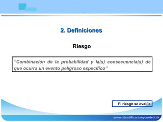 Riesgo “ Combinación de la probabilidad y la(s) consecuencia(s) de que ocurra un evento peligroso específico” 2. Definiciones El riesgo se evalúa 