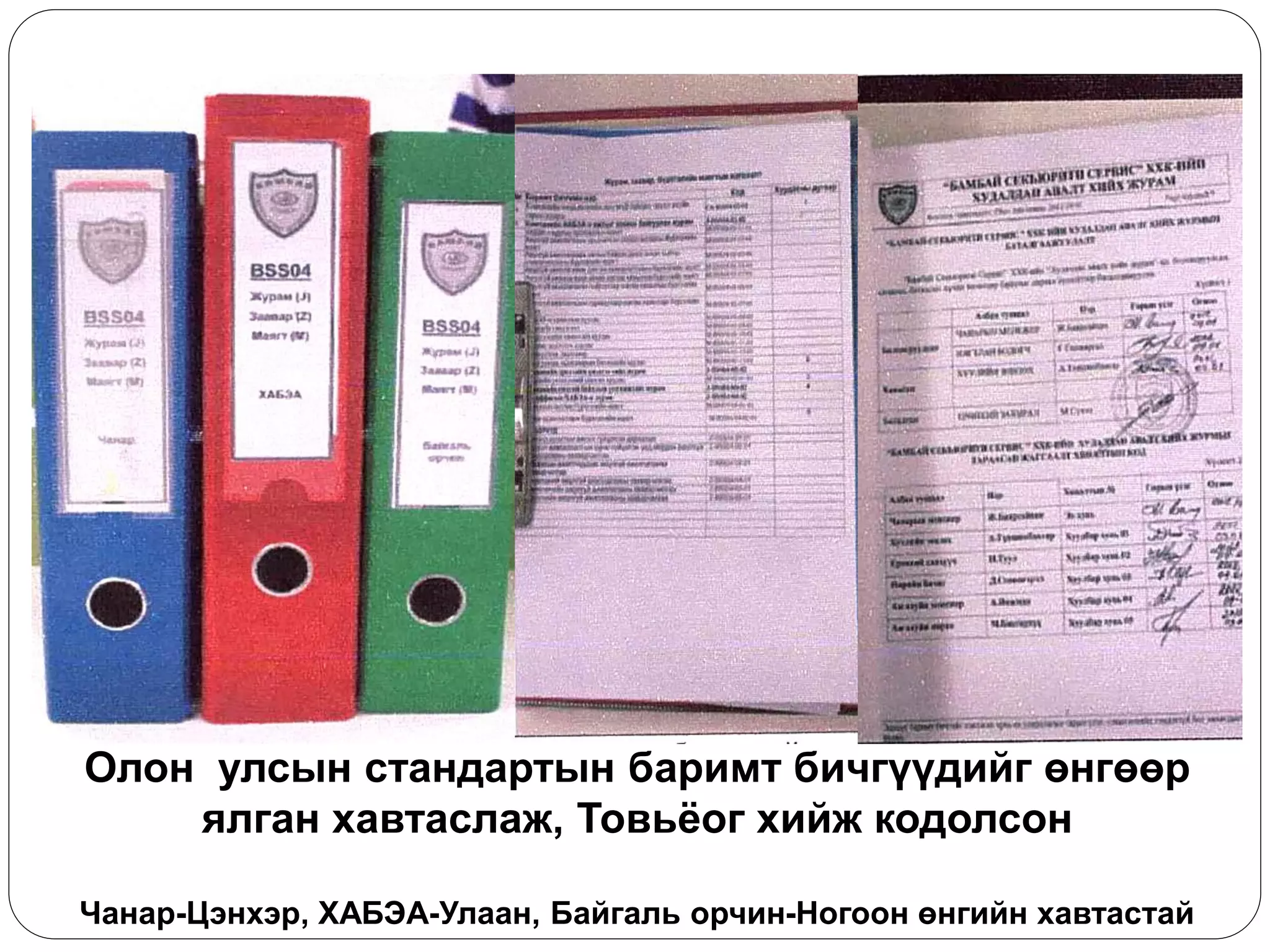 Олон улсын стандартын баримт бичгүүдийг өнгөөр ялган хавтаслаж, Товьѐог хийж кодолсон Чанар-Цэнхэр, ХАБЭА-Улаан, Байгаль орчин-Ногоон өнгийн хавтастай  