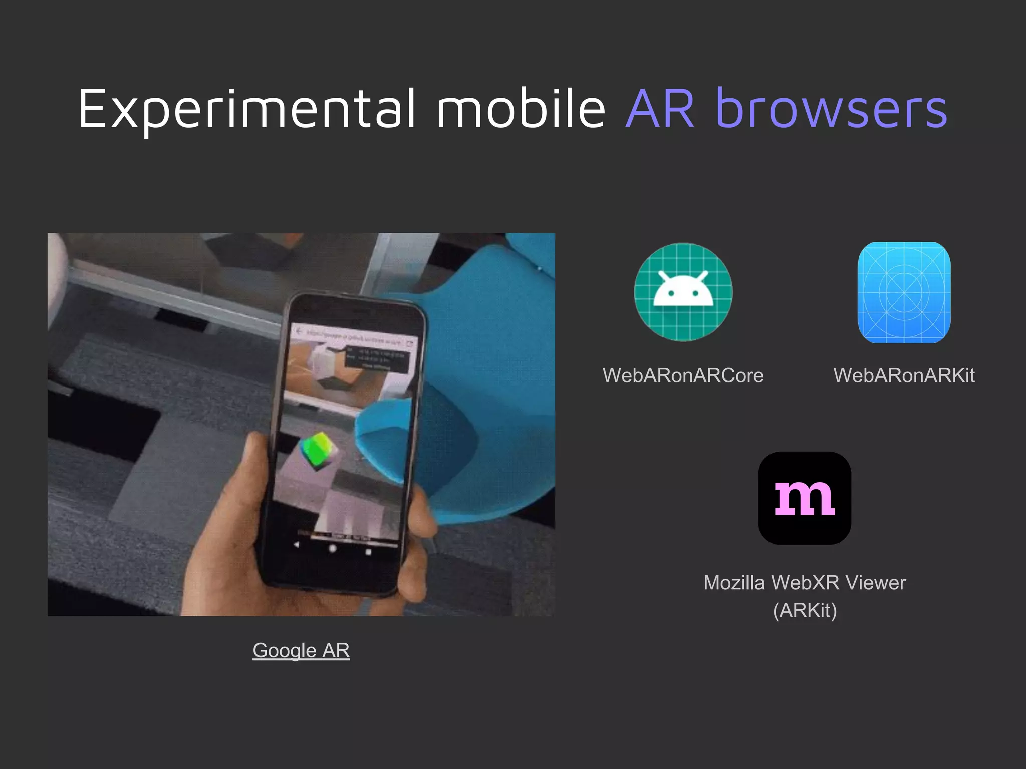 Experimental mobile AR browsers
WebARonARCore
Google AR
Mozilla WebXR Viewer
(ARKit)
WebARonARKit
 