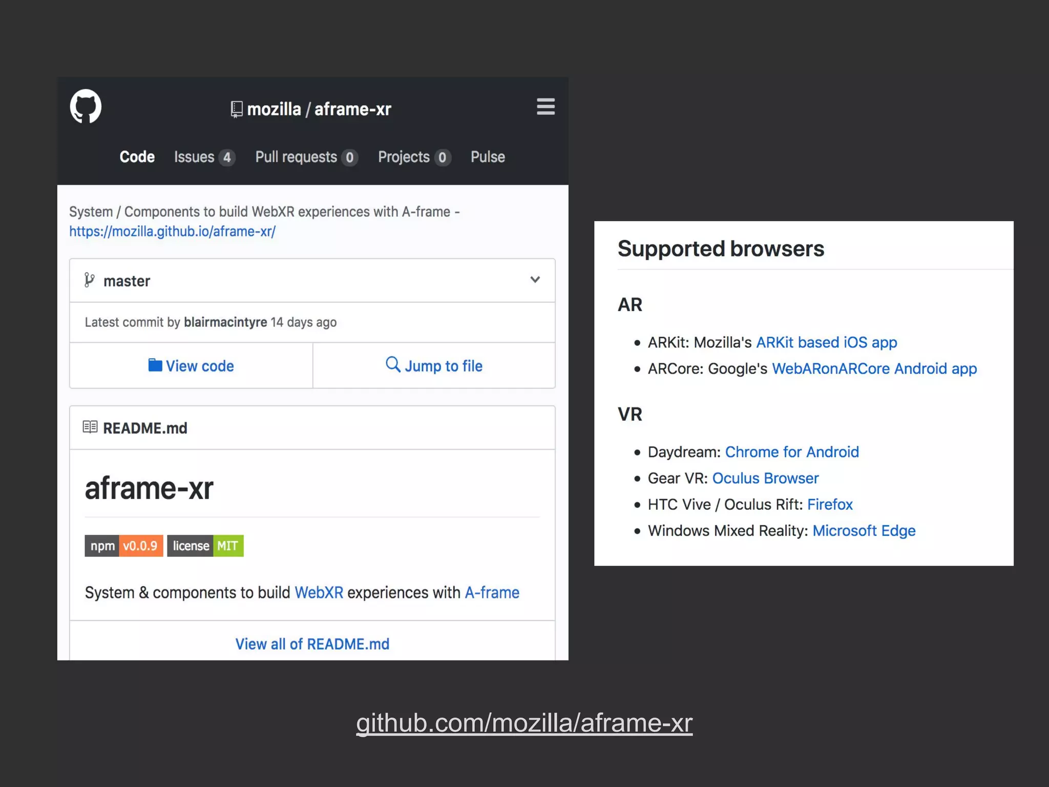 github.com/mozilla/aframe-xr
 