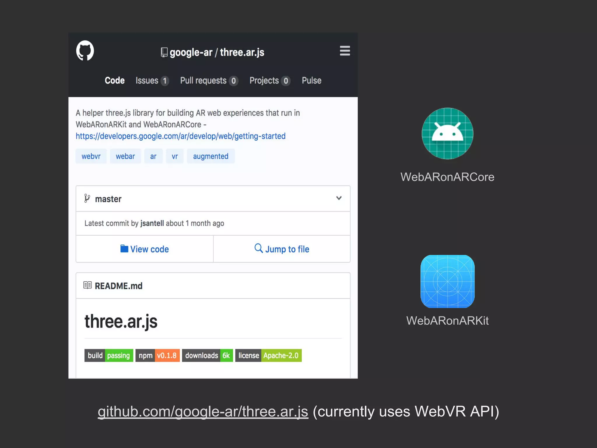 github.com/google-ar/three.ar.js (currently uses WebVR API)
WebARonARCore
WebARonARKit
 