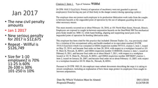 Jan 2017
• The new civil penalty
amounts
• Jan 1 2017
• New serious penalty
for 2017 is $12,675
• Repeat - Willful is
$126,749
• Size for 1-10
employee2 is 70%
11-25 is 60%
26-100 is 30%
101-250 is 10%
 