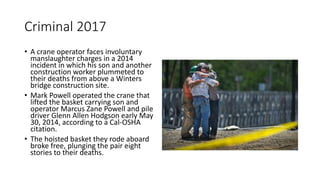 Criminal 2017
• A crane operator faces involuntary
manslaughter charges in a 2014
incident in which his son and another
construction worker plummeted to
their deaths from above a Winters
bridge construction site.
• Mark Powell operated the crane that
lifted the basket carrying son and
operator Marcus Zane Powell and pile
driver Glenn Allen Hodgson early May
30, 2014, according to a Cal-OSHA
citation.
• The hoisted basket they rode aboard
broke free, plunging the pair eight
stories to their deaths.
 