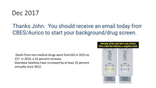 Dec 2017
Death from non medical drugs went from165 in 2015 to
217 in 2016, a 32-percent increase.
Overdose fatalities have increased by at least 25 percent
annually since 2012.
 