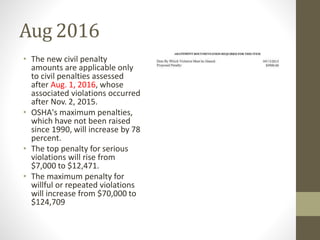 Aug 2016
• The new civil penalty
amounts are applicable only
to civil penalties assessed
after Aug. 1, 2016, whose
associated violations occurred
after Nov. 2, 2015.
• OSHA's maximum penalties,
which have not been raised
since 1990, will increase by 78
percent.
• The top penalty for serious
violations will rise from
$7,000 to $12,471.
• The maximum penalty for
willful or repeated violations
will increase from $70,000 to
$124,709
 
