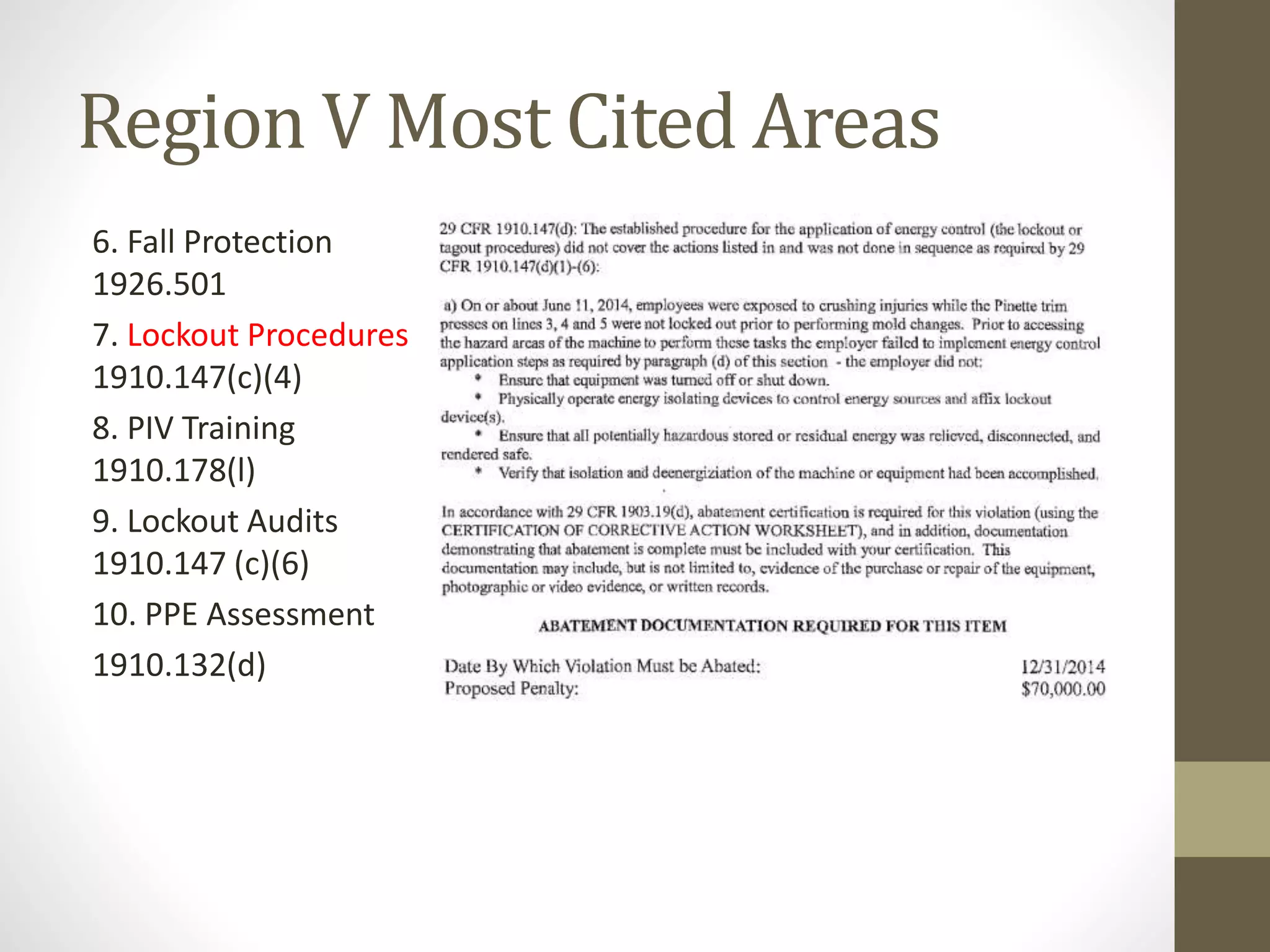 Region V Most Cited Areas
6. Fall Protection
1926.501
7. Lockout Procedures
1910.147(c)(4)
8. PIV Training
1910.178(l)
9. Lockout Audits
1910.147 (c)(6)
10. PPE Assessment
1910.132(d)
 