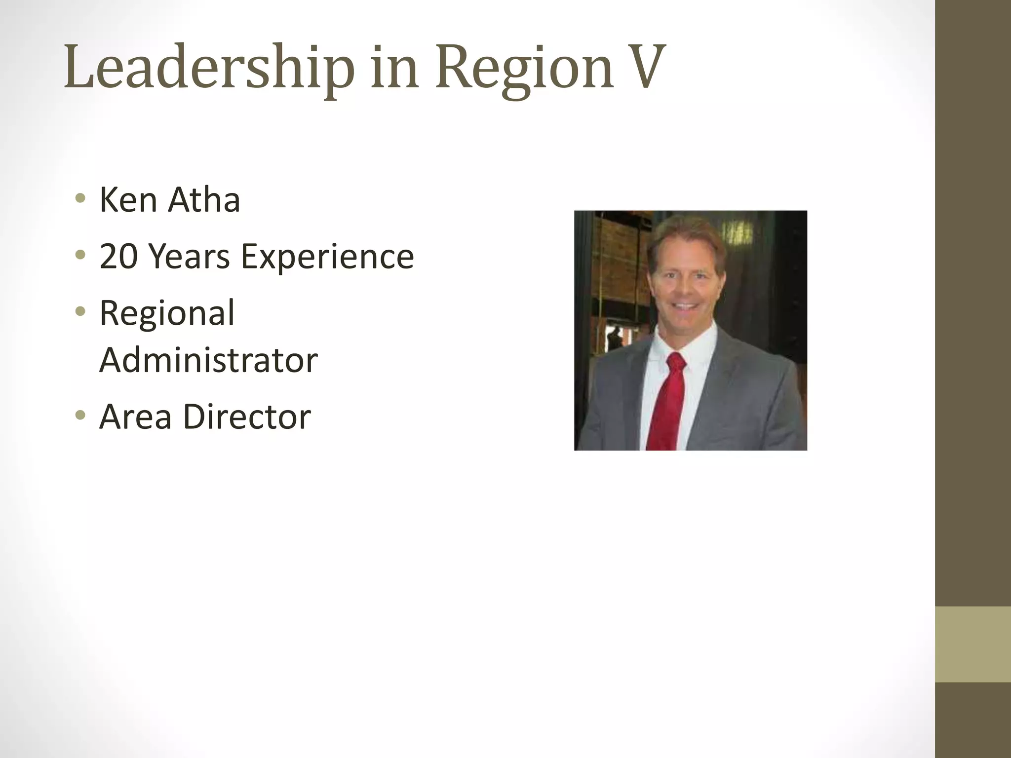 Leadership in Region V
• Ken Atha
• 20 Years Experience
• Regional
Administrator
• Area Director
 