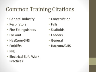 Common Training Citations 
• General Industry 
• Respirators 
• Fire Extinguishers 
• Lockout 
• HazCom/GHS 
• Forklifts 
• PPE 
• Electrical Safe Work 
Practices 
• Construction 
• Falls 
• Scaffolds 
• Ladders 
• General 
• Hazcom/GHS 
 