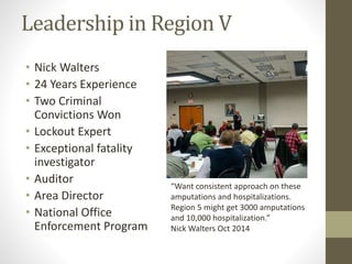 Leadership in Region V 
• Nick Walters 
• 24 Years Experience 
• Two Criminal 
Convictions Won 
• Lockout Expert 
• Exceptional fatality 
investigator 
• Auditor 
• Area Director 
• National Office 
Enforcement Program 
“Want consistent approach on these 
amputations and hospitalizations. 
Region 5 might get 3000 amputations 
and 10,000 hospitalization.” 
Nick Walters Oct 2014 
 