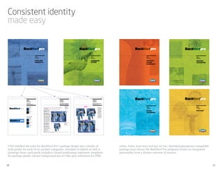 Consistent identity
made easy




VNG distilled the rules for BackYard Pro® package design into a family of          colors, fonts, type sizes and key art use. Specified planogram-compatible
style guides for each of six product categories. Available in digital as well as   package sizes ensure the BackYard Pro program creates an integrated
hardcopy form, each guide includes a brand-positioning statement, templates        personality from a diverse universe of sources.
for package panels, master background key art files plus references for PMS


10                                                                                                                                                             11
 