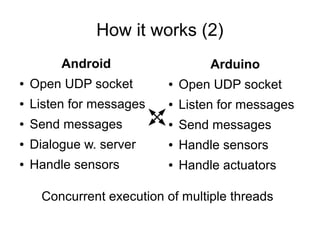 How it works (2)
         Android                    Arduino
●   Open UDP socket        ●   Open UDP socket
●   Listen for messages    ●   Listen for messages
●   Send messages          ●   Send messages
●   Dialogue w. server     ●   Handle sensors
●   Handle sensors         ●   Handle actuators

      Concurrent execution of multiple threads
 