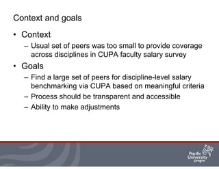 Context and goals
• Context
– Usual set of peers was too small to provide coverage
across disciplines in CUPA faculty salary survey
• Goals
– Find a large set of peers for discipline-level salary
benchmarking via CUPA based on meaningful criteria
– Process should be transparent and accessible
– Ability to make adjustments
 