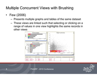 Multiple Concurrent Views with Brushing
• Few (2006)
– Presents multiple graphs and tables of the same dataset
– These views are linked such that selecting or clicking on a
range of values in one view highlights the same records in
other views
PNAIRP - 2010 Conference6
 