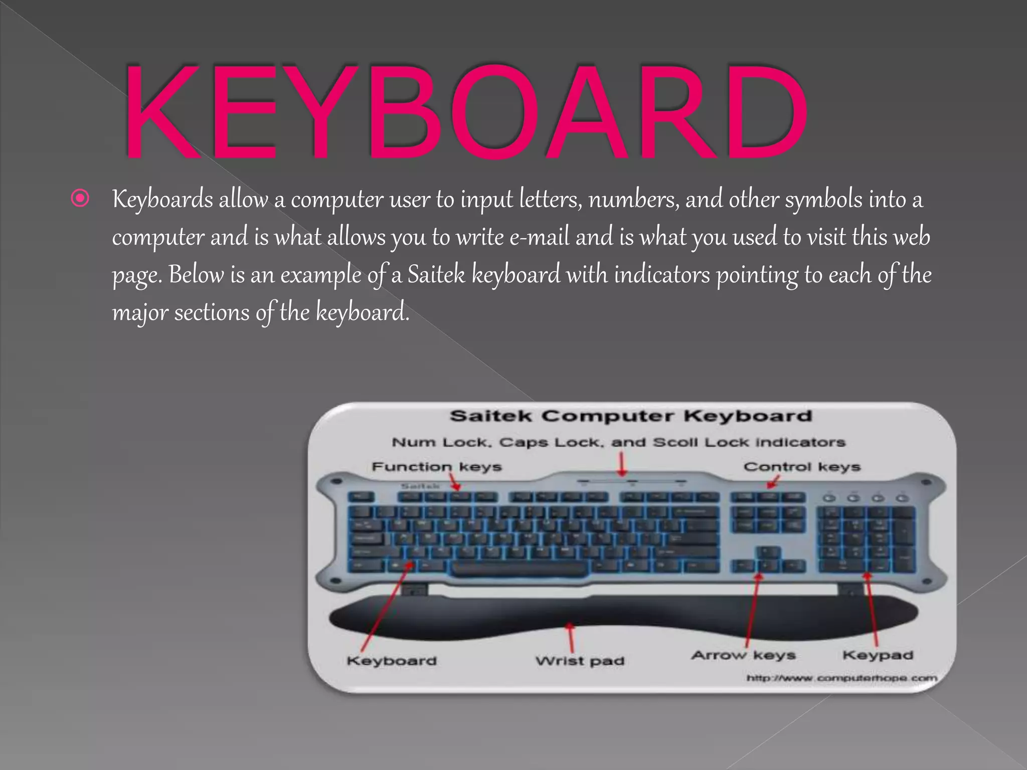  Keyboards allow a computer user to input letters, numbers, and other symbols into a
computer and is what allows you to write e-mail and is what you used to visit this web
page. Below is an example of a Saitek keyboard with indicators pointing to each of the
major sections of the keyboard.
 