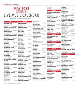 R42  |  SceneNewspaper.com  | May 2015
CALENDAR // LIVE MUSIC
MAY 1
ERIN KREBS DUO
CANNOVA’S
NEENAH	 6:00 PM
CONSULT THE BRIEFCASE
BIG AND RICH
GREEN BAY	 6:30 PM
SEPARATE WAYS
STATE AUDITORIUM
EAU CLAIRE	 7:30 PM
BADGER UNDERGROUND
CIMERRON
MENASHA	 8:00 PM
ERIC LEE CARPENTER
LYRIC ROOM
GREEN BAY	 8:00 PM
THE LEVEL
LYRIC ROOM
GREEN BAY	 8:00 PM
THE WHISKEY SOURS
THE SOURCE
MENASHA	 8:00 PM
TRAVELING SUITCASE
BECKETS RESTAURANT
OSHKOSH	 8:30 PM
THE JIMMYS
SLIPPERY NOODLE
INDIANAPOLIS	 8:30 PM
MR. TALLPANTS AND THE
SHORTS
DEJA’ VU
APPLETON	 9:00 PM
COWTOWN FASHIONISTAS
LYRIC ROOM
GREEN BAY	 9:00 PM
FOLLOW SUIT
SARDINE CAN
GREEN BAY	 9:00 PM
SLY JOE AND SMOOTH
OPERATORS
MALARKEYS
WAUSAU	 9:30 PM
MISSBEHAVIN
ISLE CASINO
WATERLOO IA	 9-1:00
MAY 2
SPENCER JONES
CANNOVA’S
NEENAH	 6:00 PM
THE REGLANDERS
JIMMY SEAS
GREEN BAY	 6:00 PM
BAD HABITZ
THE SHACK
FOND DU LAC	 7:30 PM
WILDSIDE
BEAR LAKE CAMPGROUND &
RESORT
MANAWA	 8:00 PM
HOT SHOT
CIMERRON
MENASHA	 8:00 PM
DELLACOMA
LYRIC ROOM
GREEN BAY	 8:00 PM
HEAD GAMES
LYRIC ROOM
GREEN BAY	 8:00 PM
SLOWBURN
LYRIC ROOM
GREEN BAY	 8:00 PM
STEVE AND MARK BAND
BECKETS RESTAURANT
OSHKOSH	 8:30 PM
ROOFTOP JUMPERS
OSHKOSH LANES
OSHKOSH	 8:30 PM
HURRY UP WAIT
PLANK ROAD PUB
DE PERE	 8:30 PM
THE JIMMYS
SLIPPERY NOODLE
INDIANAPOLIS	 8:30 PM
TWEED FUNK
DEJA’ VU
APPLETON	 9:00 PM
CONSULT THE BRIEFCASE
EMMETTS
APPLETON	 9:00 PM
THE CHOCOLATEERS
SARDINE CAN
MENASHA	 9:00 PM
BIG AND TALL
WORLD OF BEER
APPLETON	 9:00 PM
DIAMOND AND STEEL
WOUTERS SPORTS BAR
LITTLE SUAMICO	 9:00 PM
JOHNNY WAD
ANDUZZI’S SPORTS CLUB
GREEN BAY	 9:30 PM
SPITFIRE RODEO
HEADLINERS
NEENAH	 9:30 PM
R P M
HYATT REGENCY - 333
KILBOURN AVENUE
MILWAUKEE	 9:30 PM
THE BOMB
LEAP INN
FREEDOM	 9:30 PM
DOOZEY
MILWAUKEE ALE HOUSE
MILWAUKEE	 9:30 PM
STAR SIX NINE
STONE TOAD
MENASHA	 9:30 PM
THE COOL WATERS BAND
THE SOURCE
MENASHA	 9:30 PM
CHASIN MASON
FAT JOES
FOND DU LAC	 10:00 PM
BRUCE KOESTNER
HEIDEL HOUSE
GREEN LAKE	 7-10:00
MISSBEHAVIN
ISLE CASINO
WATERLOO IA	 9-1:00
KITTY CORONA
POTAWATOMI CARTER
CASINO
CARTER	9-1:00
LITTLE VITO & TORPEDOES
HIDDEN VALLEY CAMP-
GROUNDS
MILTON
MAY 3
GRASSCUTTERS WITH 2ND
STRING
THE SOURCE
MENASHA	 12:00 PM
LUCAS CATES BAND
MILL CREEK
APPLETON	 7:00 PM
HARVEY BROWN
LYRIC ROOM
GREEN BAY	 8:00 PM
MUDDY UDDERS
LYRIC ROOM
GREEN BAY	 8:00 PM
SPEELANDER-Z
LYRIC ROOM
GREEN BAY	 8:00 PM
MAY 5
ERIN KREBS AND JEFF
JOHNSON
THE SOURCE
MENASHA	 6:00 PM
MAY 6
ROB ANTHONY
THE SOURCE
MENASHA	 6:00 PM
MAY 7
WAYNE NEUMANN
ANDUZZIS - HOWARD
HOWARD	 7:00 PM
BRIAN JAMES
ANDUZZIS EAST GREEN BAY
GREEN BAY	 7:00 PM
HAPPY HOUR HEROES
THE BAR LYNNDALE
APPLETON	 7:00 PM
SUN RAY EYES
THE SOURCE
MENASHA	 7:00 PM
MATTHEW HAEFFEL
DEJA’ VU
APPLETON	 9:00 PM
MAY 8
JOE SLYZELIA
CANNOVA’S
NEENAH	 6:00 PM
DONNY PICK
CIMERRON
MENASHA	 8:00 PM
ATTALLA
LYRIC ROOM
GREEN BAY	 8:00 PM
BLACK PUSSY
LYRIC ROOM
GREEN BAY	 8:00 PM
DEAD MODERN VILLIANS
LYRIC ROOM
GREEN BAY	 8:00 PM
CONVENIENCE STORE
FLOWERS & ONE STRONG
ARMY
BECKETS RESTAURANT
OSHKOSH	 8:30 PM
KYLE MEGNA AND THE
MONSOONS
DEJA’ VU
APPLETON	 9:00 PM
CONSULT THE BRIEFCASE
SARDINE CAN
GREEN BAY	 9:00 PM
IVY SPOKES WITH ELECTRA
COLOR
THE SOURCE
MENASHA	 9:30 PM
THE 40NTHEFLOOR
MILL CREEK
APPLETON	 10:00 PM
DAN TULSA DUO
POTAWATOMI CARTER
CASINO
CARTER	3:30-7:30
COOKEE...TIMELESS MUSIC
HIGH CLIFF RESTAURANT
SHERWOOD	7-10:00
MAY 9
JUDY GAROT
CANNOVA’S
NEENAH	 6:00 PM
RED LIGHT SAINTS
CHAMBERS HILL BAR AND
GRILL
SUAMICO	 6:00 PM
HAPPY HOUR HEROES
CHADDERBOX
TWO RIVERS	 6:30 PM
BOBBY DARRIN
CIMERRON
MENASHA	 8:00 PM
DAPHNI
LYRIC ROOM
GREEN BAY	 8:00 PM
GREEN SCREEN KIDS
LYRIC ROOM
GREEN BAY	 8:00 PM
presented by www.ButtonCapBooking.com​​
MAY 2015
LIVE MUSIC CALENDAR
 